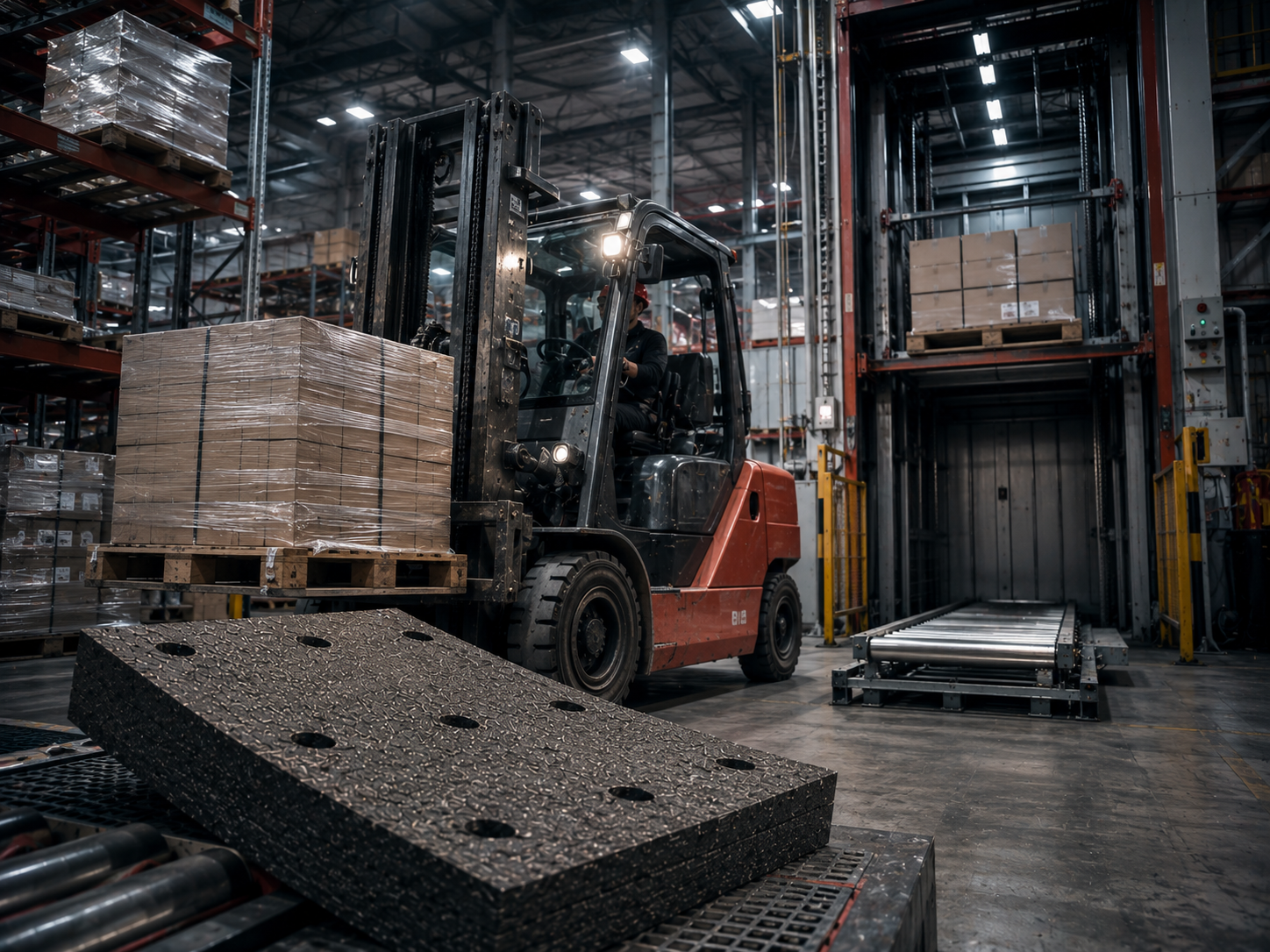 Empilhadeira em operação de movimentação de carga industrial
